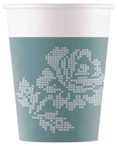 TURQUOISE FABRIC FLOWERS PAPER CUPS 200ML 8CT-PRO-92925