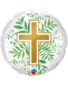 18 INCH FOIL RND GOLDEN CROSS & GREENERY 1 CTP-QUA-10256