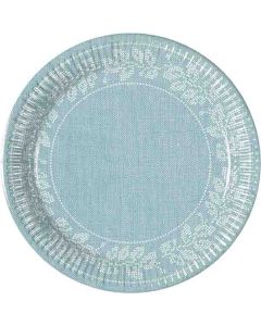 TURQUOISE FABRIC FLOWERS PAPER PLATES 20CM 8CT-PRO-92924